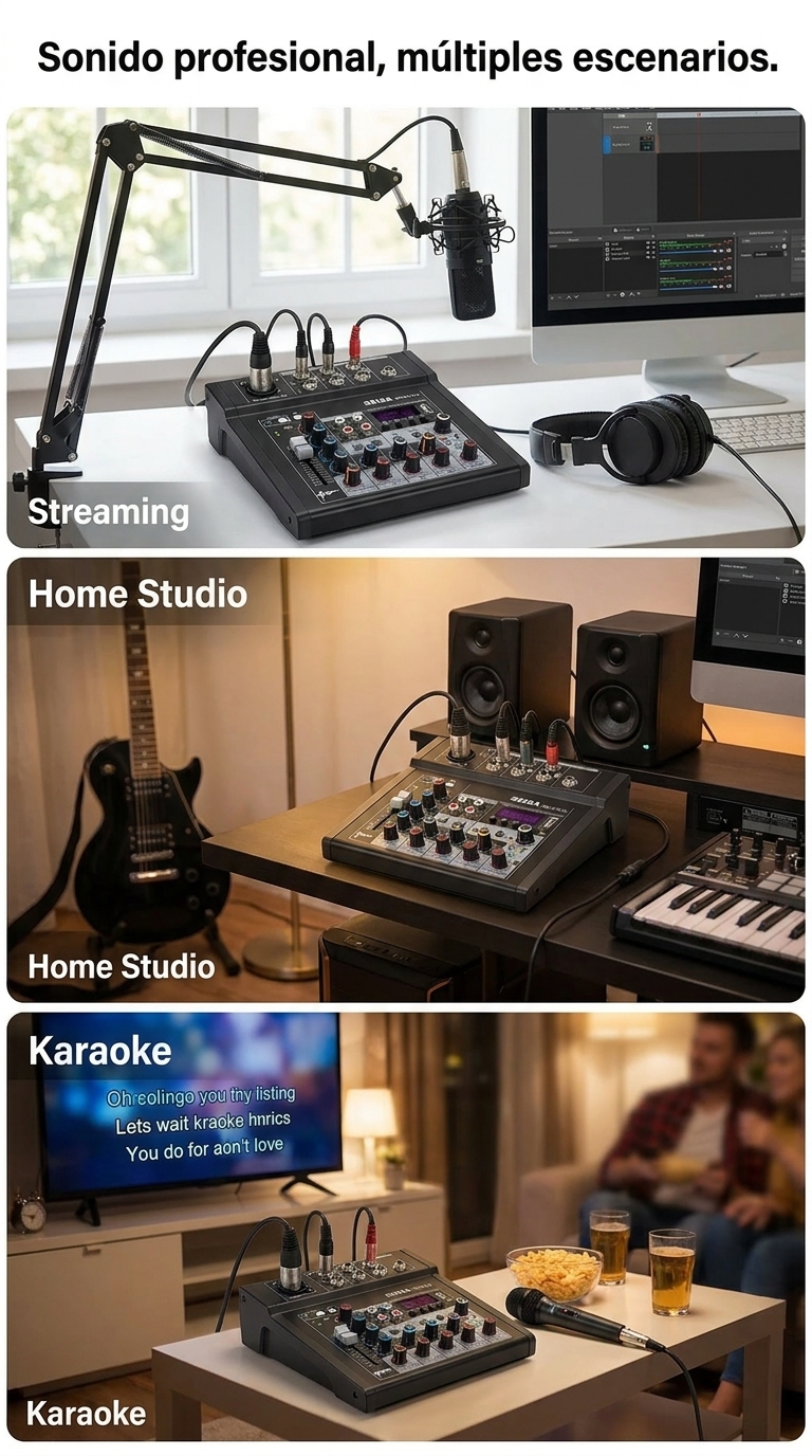 Composición profesional de la consola mezcladora en distintos usos