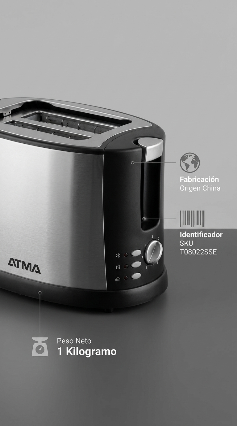 Pieza profesional con especificaciones técnicas de la tostadora Atma