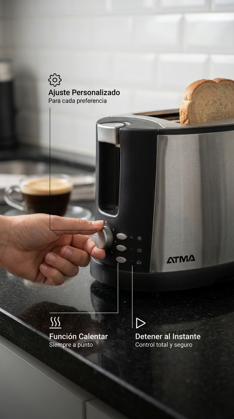 Pieza profesional que muestra el uso intuitivo de la tostadora Atma